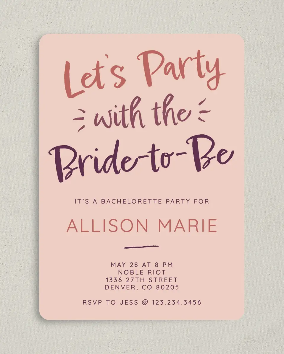 This is a 5" x 7" Bachelorette Party Invitation called Bride-to-Be Blessing printed in full color on Premium Smooth paper