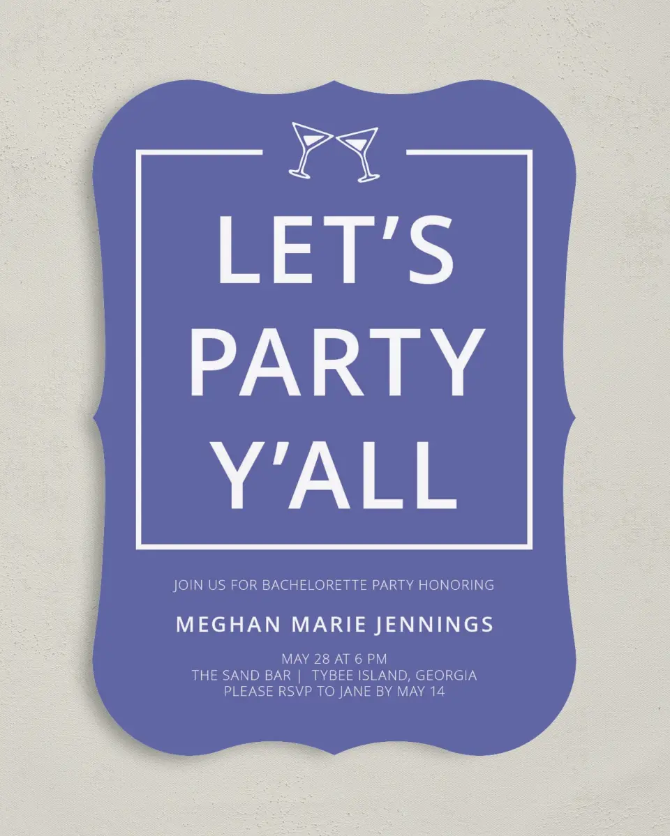 This is a 5" x 7" Bachelorette Party Invitation called Bridal Party printed in full color with Silver foil on Luxe Satin (coated) paper