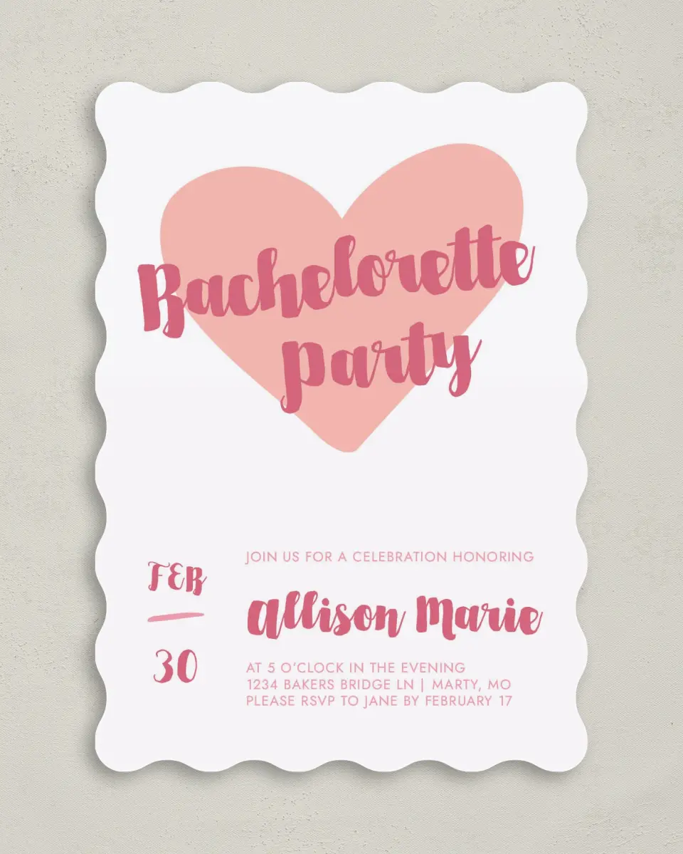 This is a 5" x 7" Bachelorette Party Invitation called Hearts United printed in full color on Premium Smooth paper