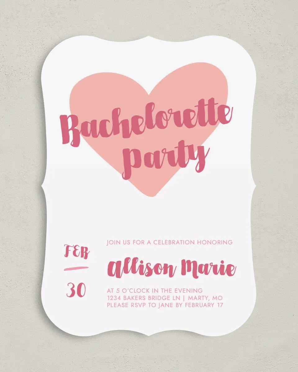This is a 5" x 7" Bachelorette Party Invitation called Hearts United printed in full color on Premium Smooth paper