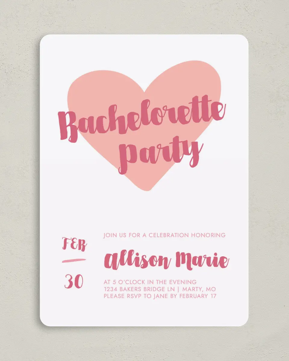 This is a 5" x 7" Bachelorette Party Invitation called Hearts United printed in full color on Premium Smooth paper