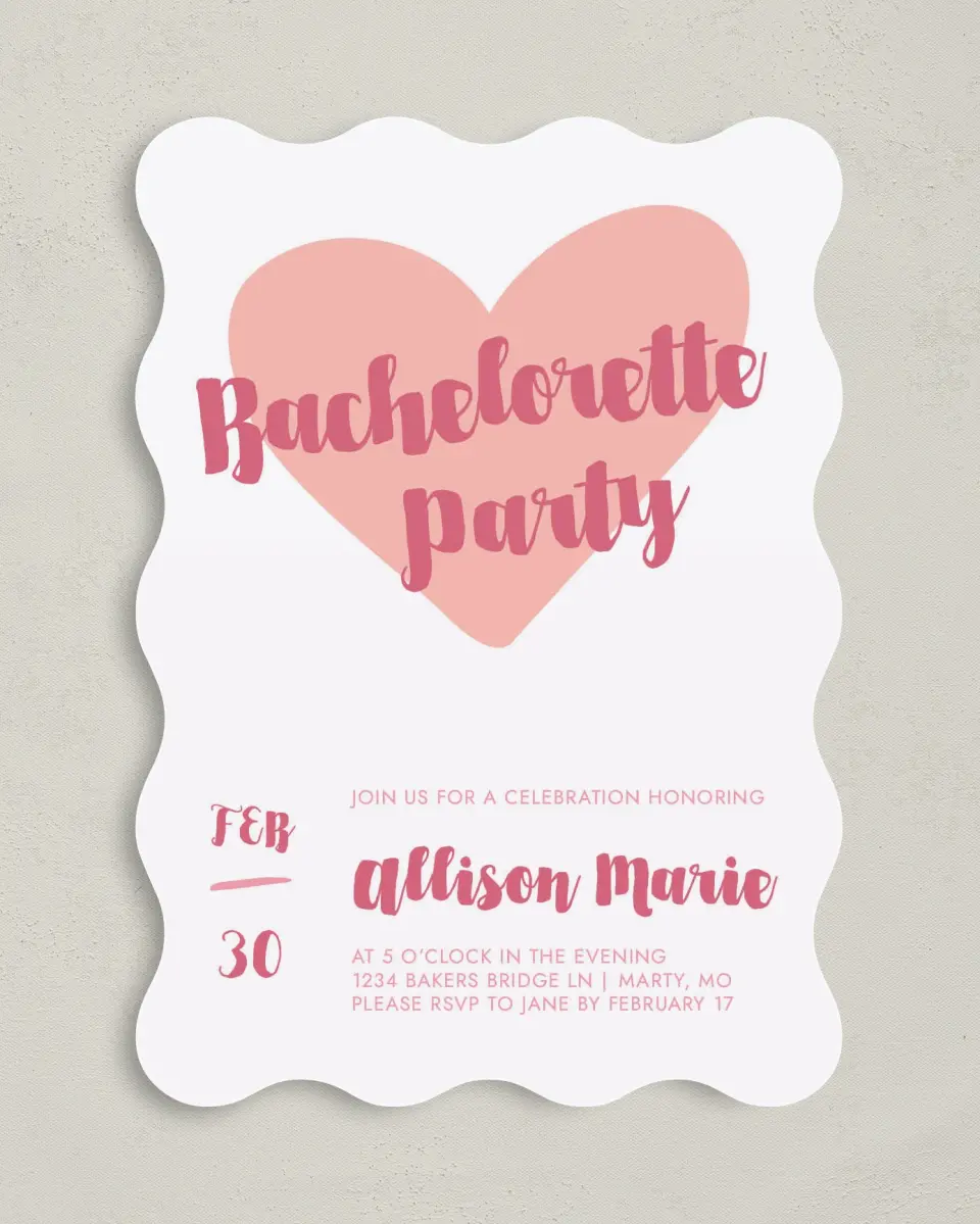 This is a 5" x 7" Bachelorette Party Invitation called Hearts United printed in full color on Premium Smooth paper