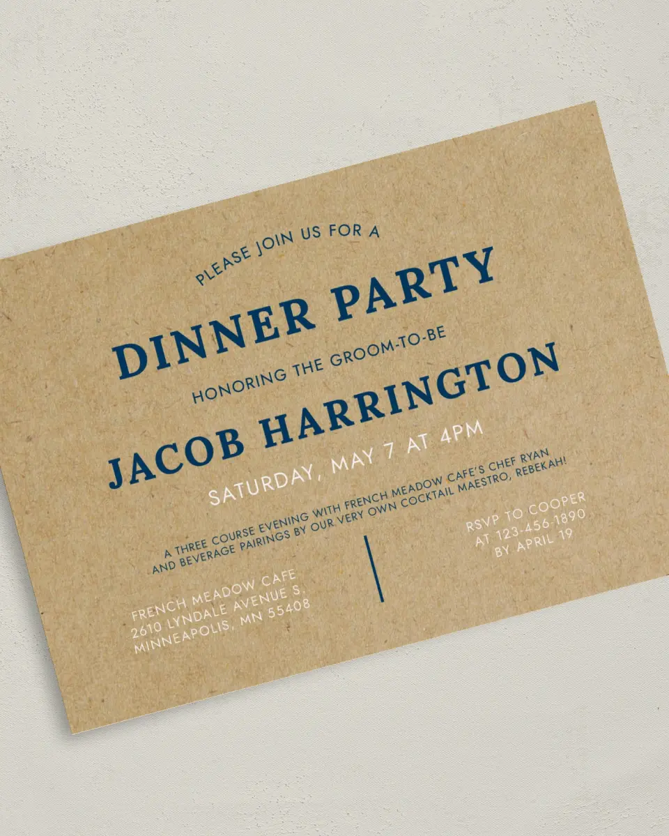This is a 5" x 7" Bachelor Party Invitation called Boldly Krafted printed in full color on Premium Smooth paper