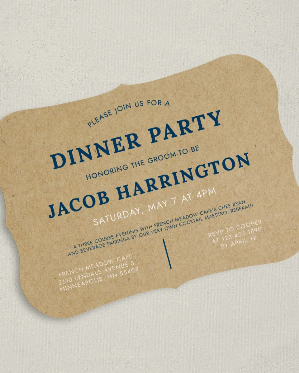 This is a 5" x 7" Bachelor Party Invitation called Boldly Krafted printed in full color with Silver foil on Luxe Satin (coated) paper