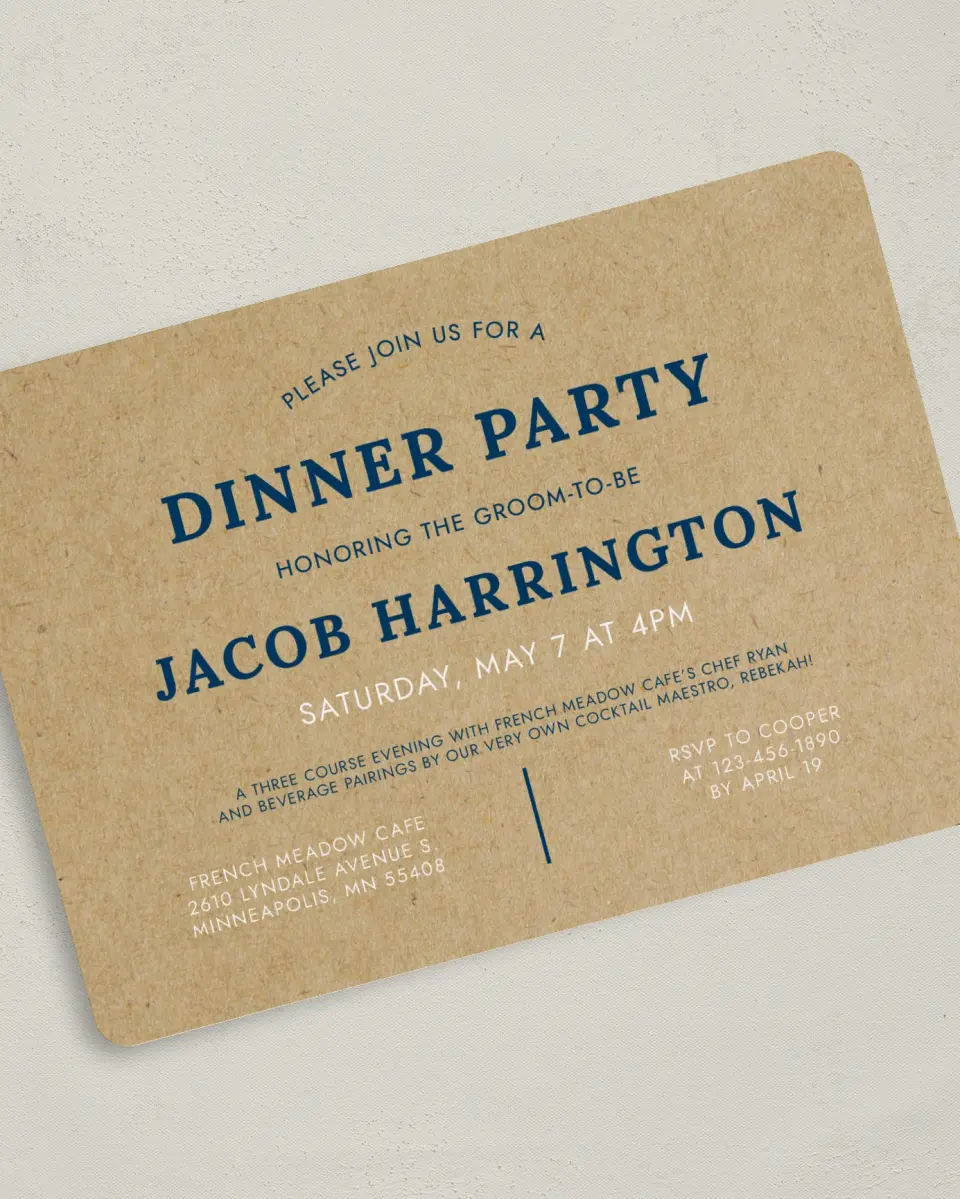 This is a 5" x 7" Bachelor Party Invitation called Boldly Krafted printed in full color on Premium Smooth paper