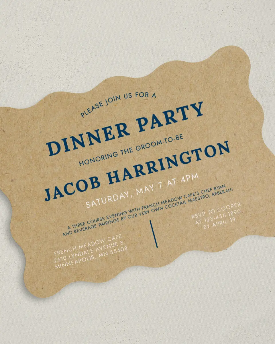 This is a 5" x 7" Bachelor Party Invitation called Boldly Krafted printed in full color with Rose Gold foil on Luxe Satin (coated) paper
