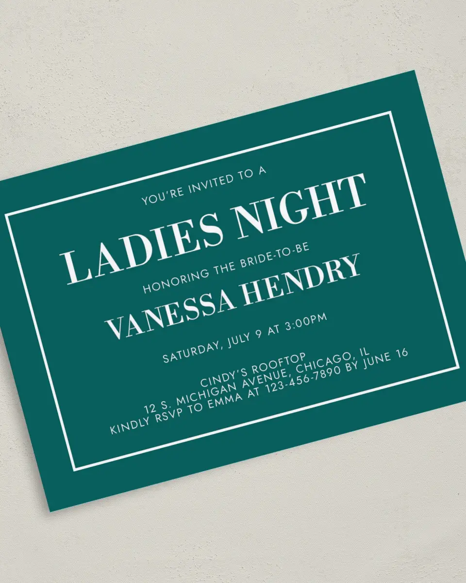 This is a 5" x 7" Bachelorette Party Invitation called Mod Bride-To-Be printed in full color on Premium Smooth paper