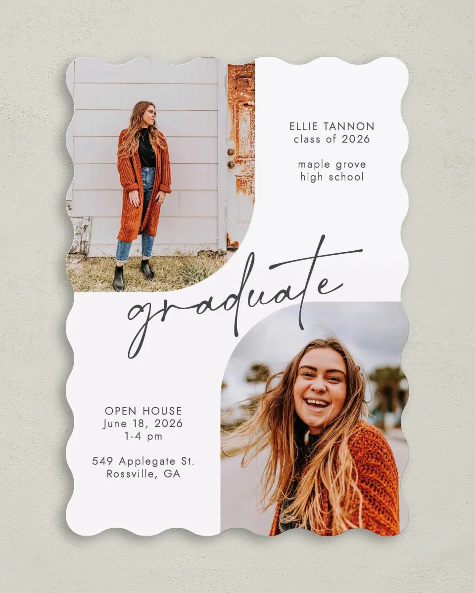 This is a 5" x 7" Graduation Announcement Card called Commencement Corners printed in full color with Rose Gold foil on Luxe Satin (coated) paper