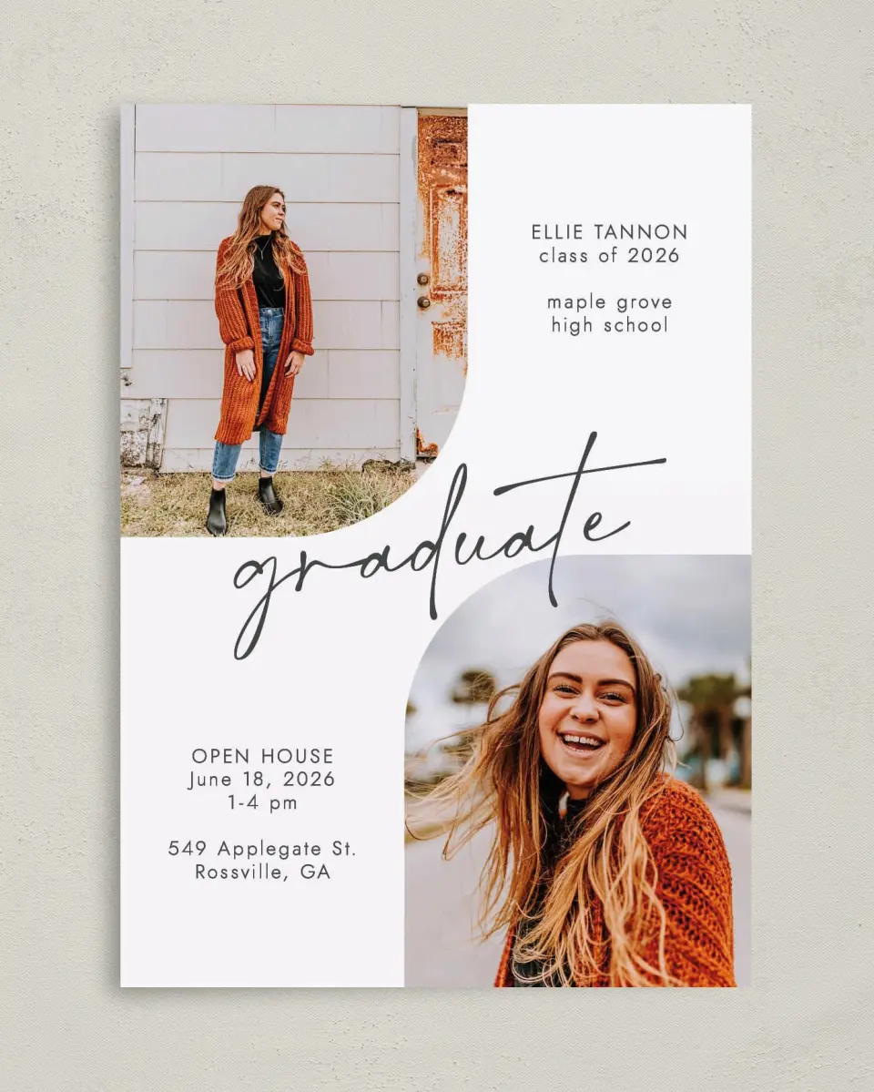 This is a 5" x 7" Graduation Announcement Card called Commencement Corners printed in full color on Premium Smooth paper