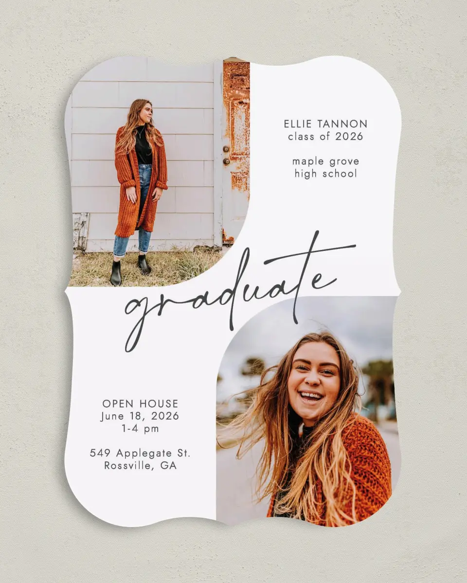 This is a 5" x 7" Graduation Announcement Card called Commencement Corners printed in full color on Premium Smooth paper