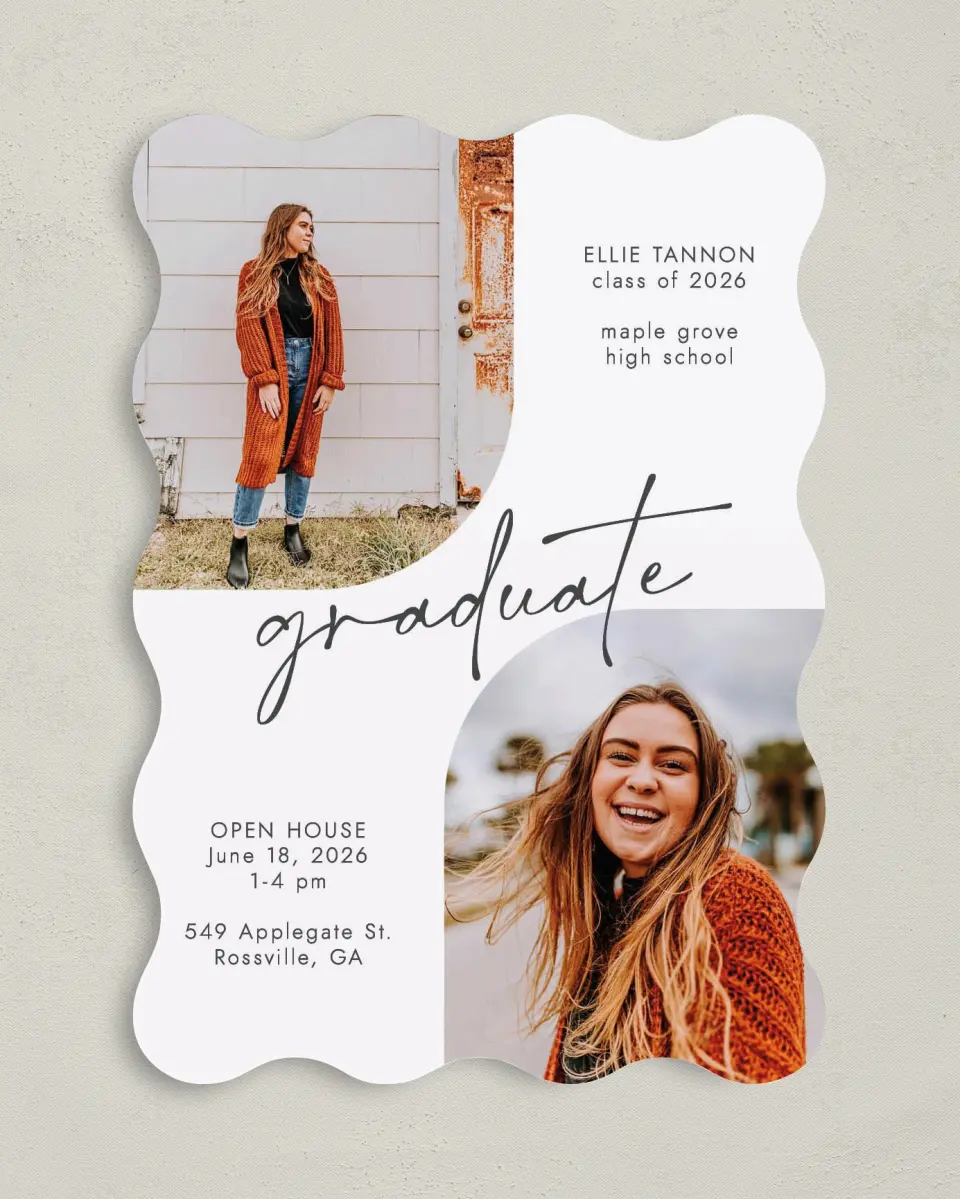 This is a 5" x 7" Graduation Announcement Card called Commencement Corners printed in full color on Premium Smooth paper