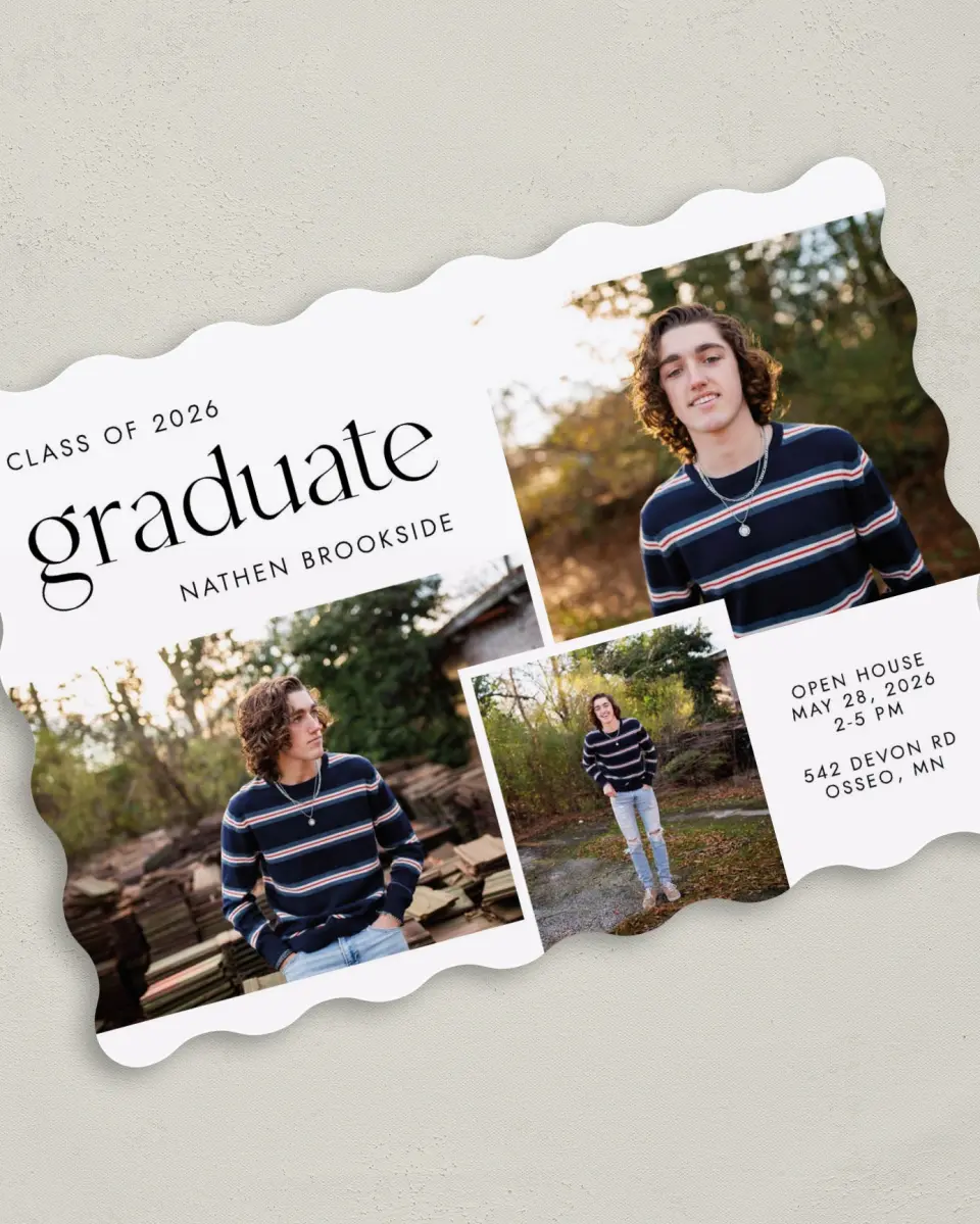 This is a 5" x 7" Graduation Announcement Card called Noble Grad printed in full color with Silver foil on Luxe Satin (coated) paper