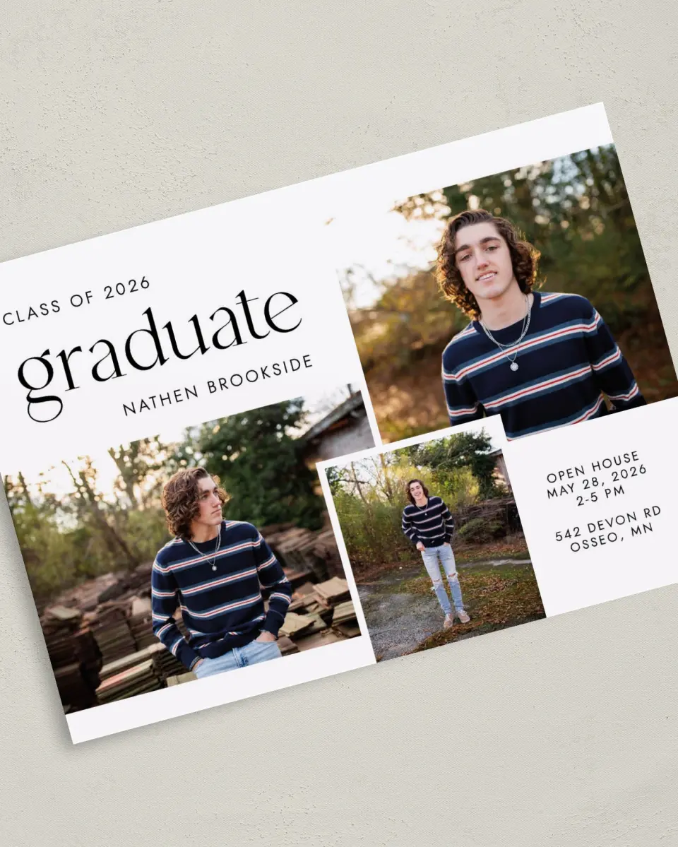 This is a 5" x 7" Graduation Announcement Card called Noble Grad printed in full color on Premium Smooth paper