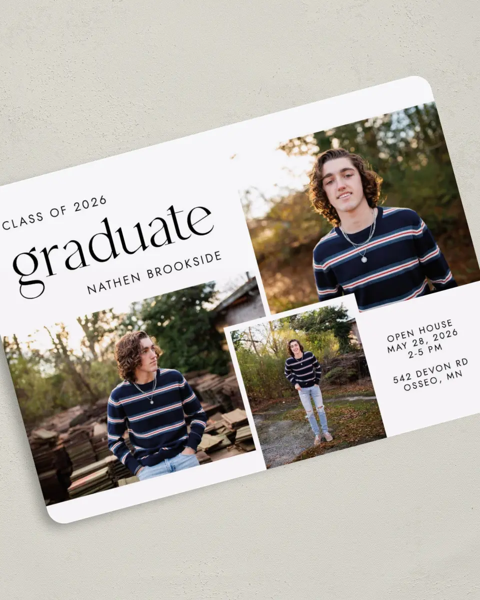 This is a 5" x 7" Graduation Announcement Card called Noble Grad printed in full color on Premium Smooth paper