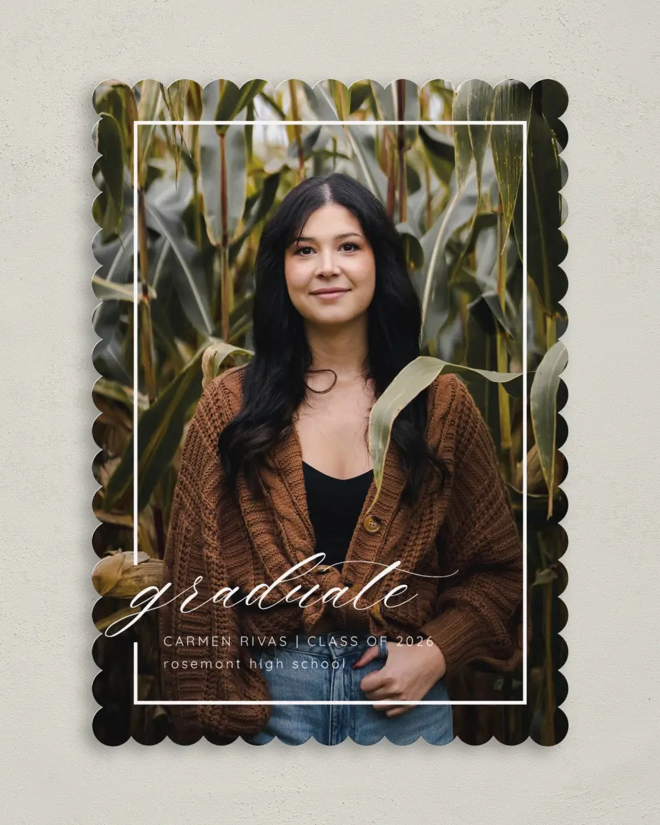This is a 5" x 7" Graduation Announcement Card called Brilliant Border printed in full color on Premium Smooth paper