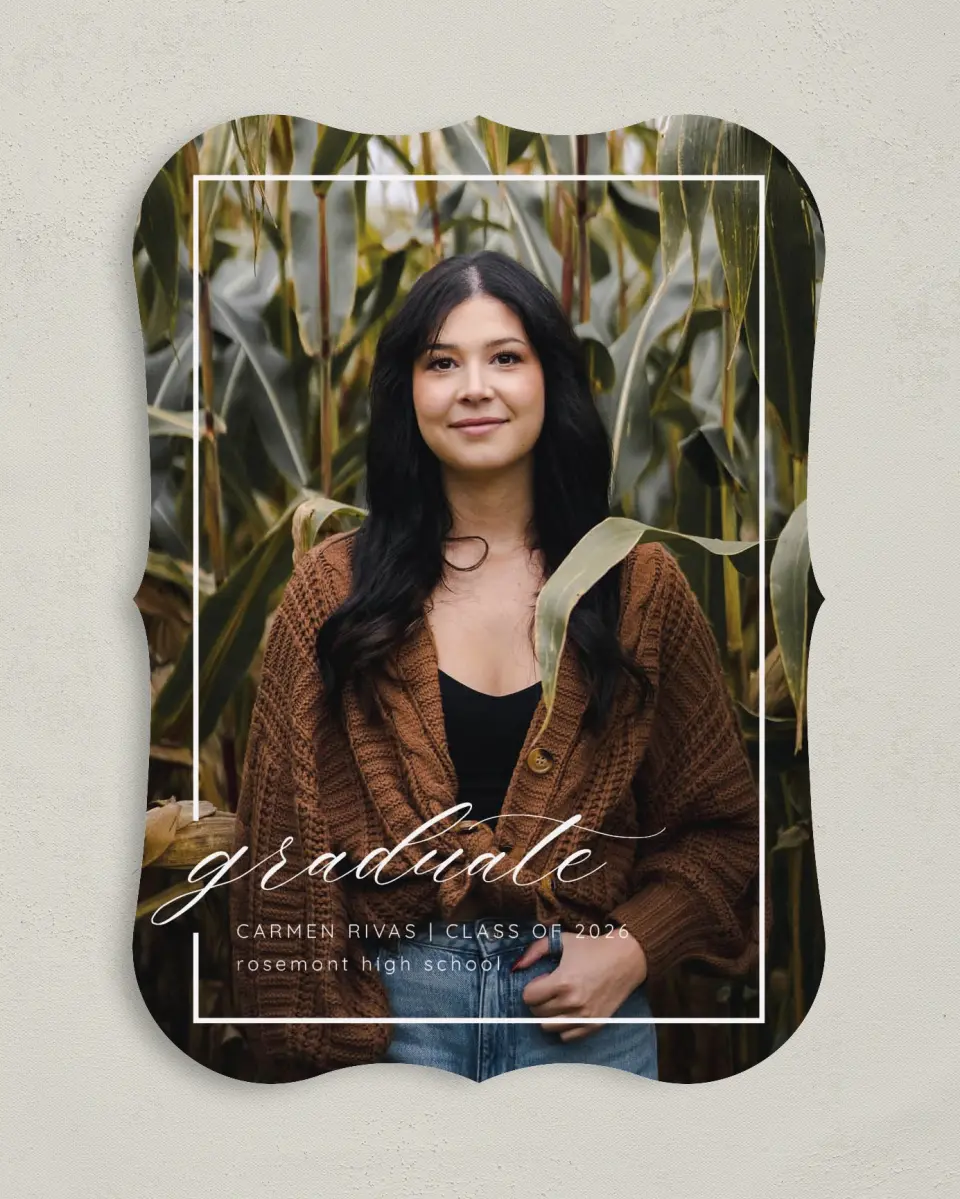 This is a 5" x 7" Graduation Announcement Card called Brilliant Border printed in full color on Premium Smooth paper