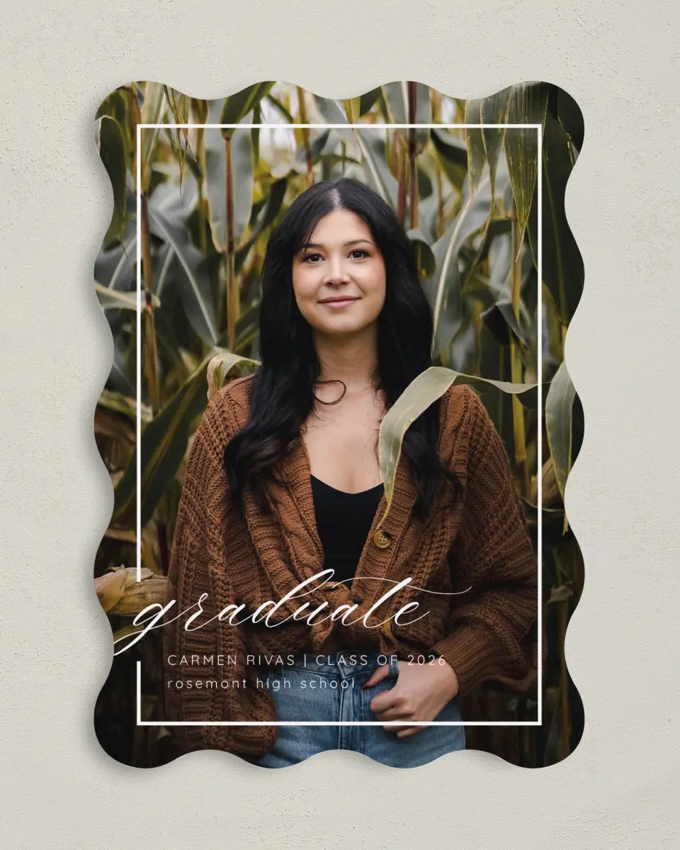 This is a 5" x 7" Graduation Announcement Card called Brilliant Border printed in full color on Premium Smooth paper