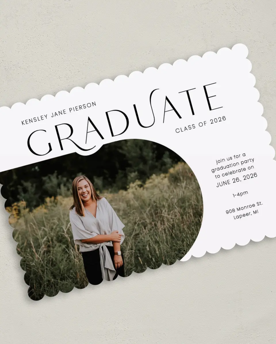 This is a 5" x 7" Graduation Announcement Card called Modern Scholar printed in full color on Premium Smooth paper