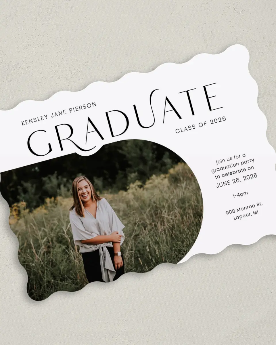 This is a 5" x 7" Graduation Announcement Card called Modern Scholar printed in full color on Premium Smooth paper