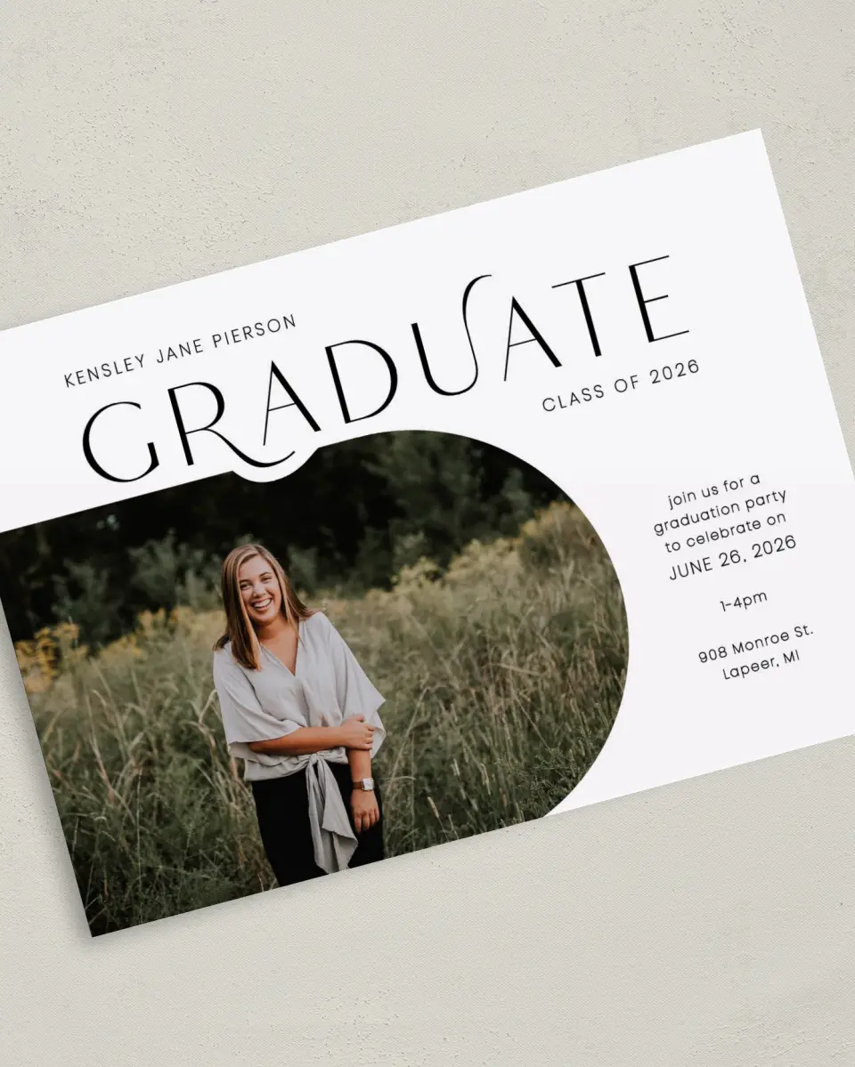 This is a 5" x 7" Graduation Announcement Card called Modern Scholar printed in full color on Premium Smooth paper