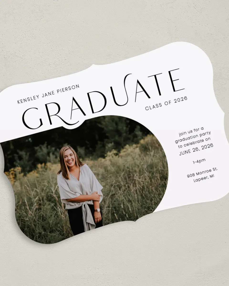 This is a 5" x 7" Graduation Announcement Card called Modern Scholar printed in full color on Premium Smooth paper