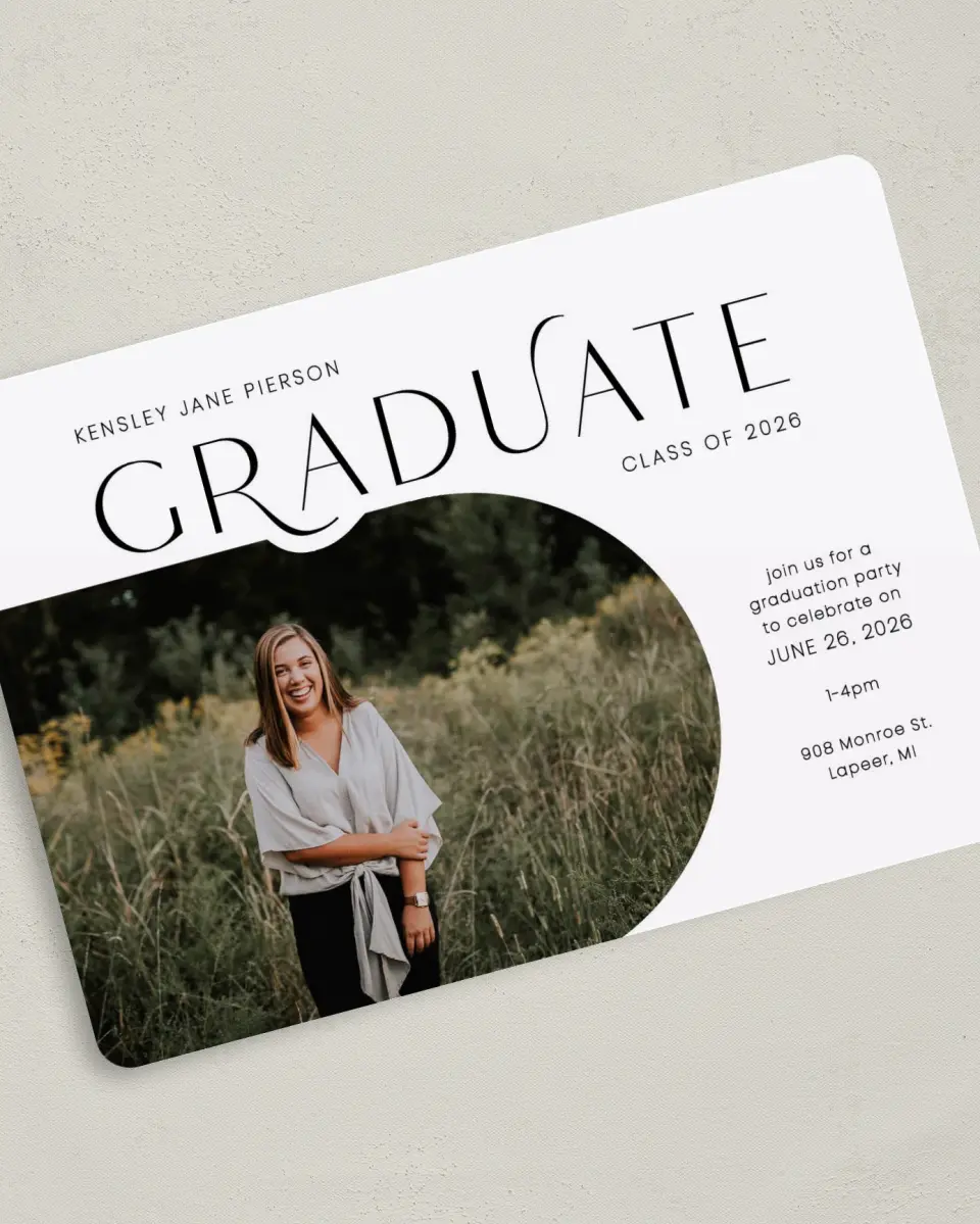 This is a 5" x 7" Graduation Announcement Card called Modern Scholar printed in full color on Premium Smooth paper