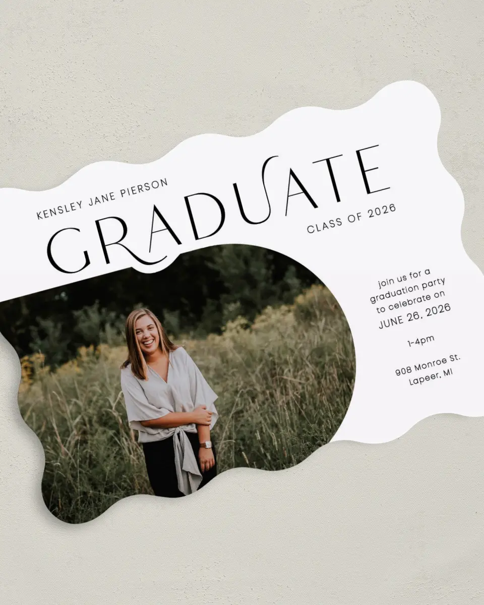 This is a 5" x 7" Graduation Announcement Card called Modern Scholar printed in full color on Premium Smooth paper