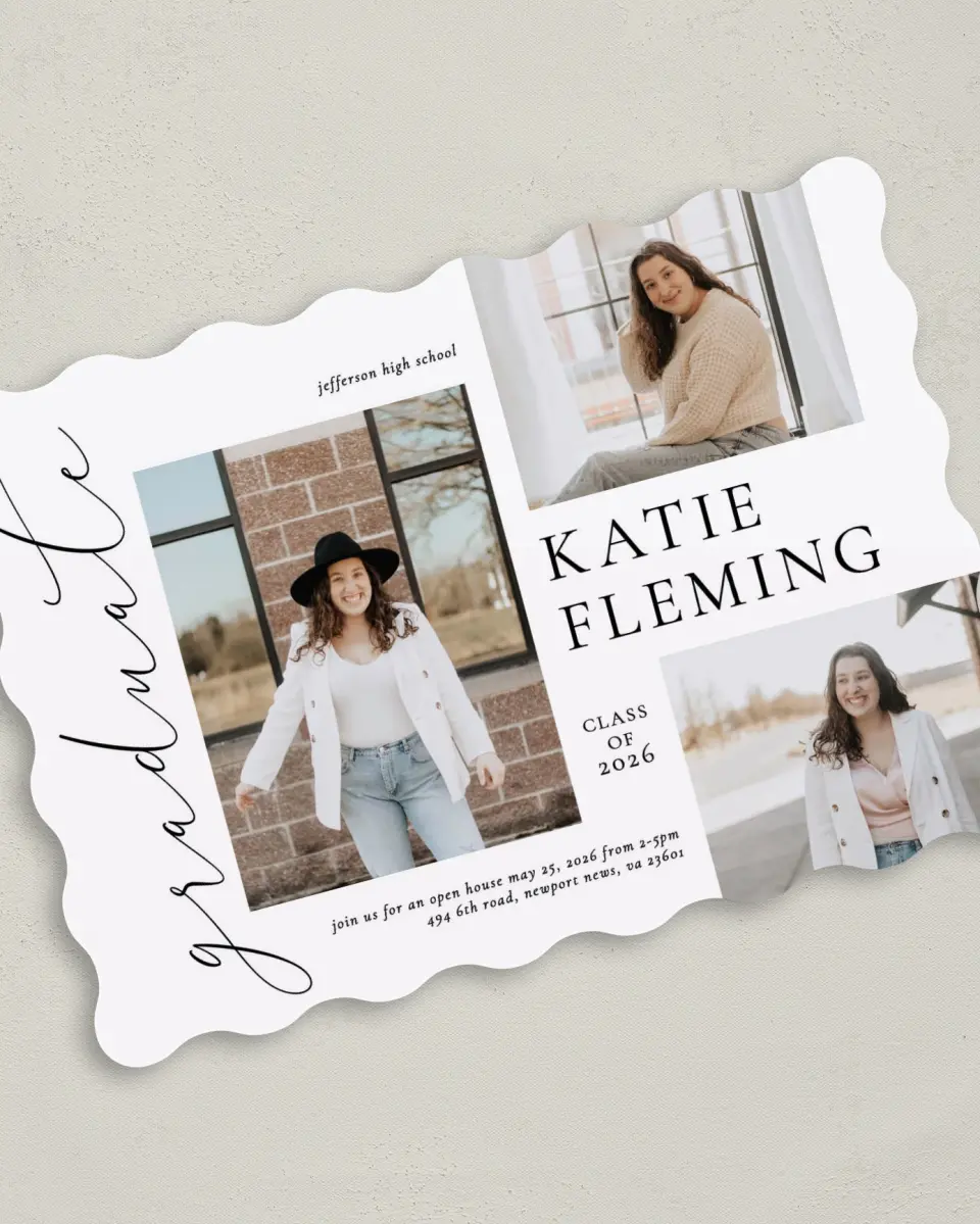 This is a 5" x 7" Graduation Announcement Card called Chic Three printed in full color on Premium Smooth paper