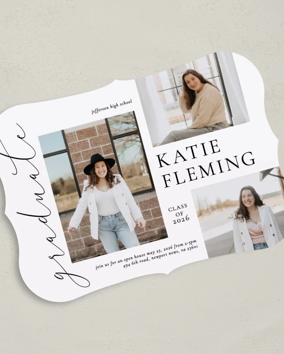 This is a 5" x 7" Graduation Announcement Card called Chic Three printed in full color on Premium Smooth paper
