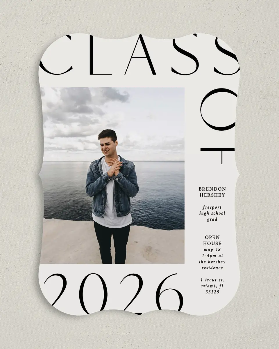 This is a 5" x 7" Graduation Announcement Card called On the Edge printed in full color on Premium Smooth paper