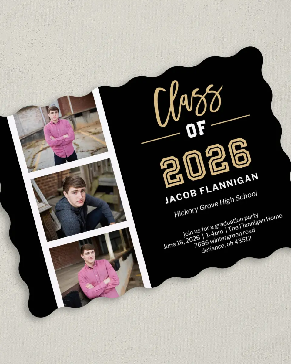 This is a 5" x 7" Graduation Announcement Card called Stacked Snapshots printed in full color on Premium Smooth paper