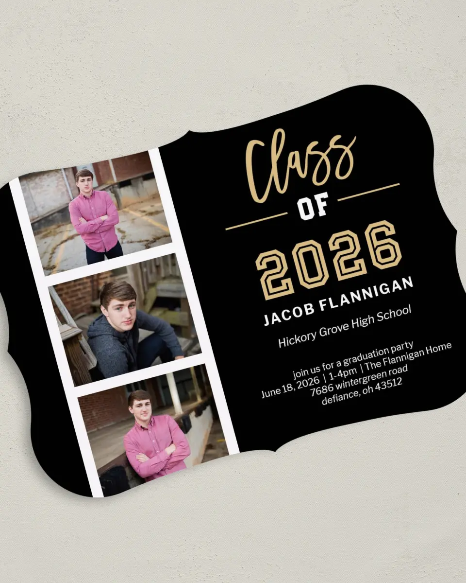 This is a 5" x 7" Graduation Announcement Card called Stacked Snapshots printed in full color on Premium Smooth paper