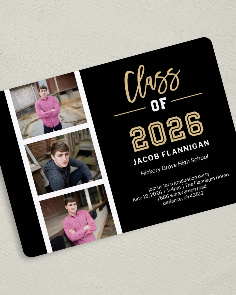 This is a 5" x 7" Graduation Announcement Card called Stacked Snapshots printed in full color on Premium Smooth paper