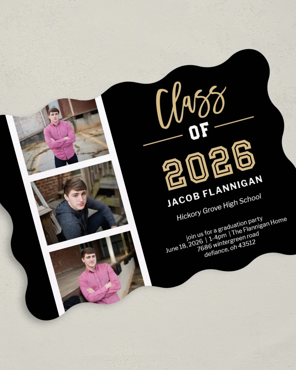 This is a 5" x 7" Graduation Announcement Card called Stacked Snapshots printed in full color on Premium Smooth paper