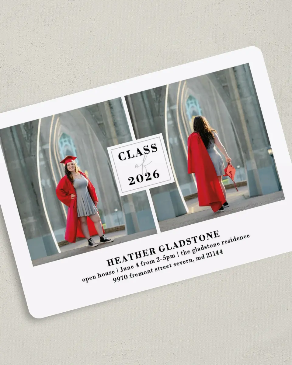 This is a 5" x 7" Graduation Announcement Card called Strong Foundation printed in full color on Premium Smooth paper