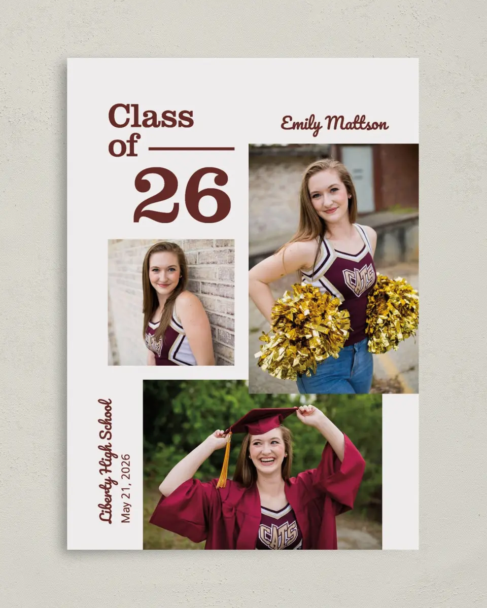 This is a 5" x 7" Graduation Announcement Card called Scholarly Spirit printed in full color on Premium Smooth paper