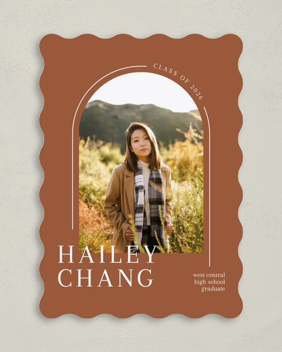 This is a 5" x 7" Graduation Announcement Card called Arched Grad printed in full color with Rose Gold foil on Luxe Satin (coated) paper