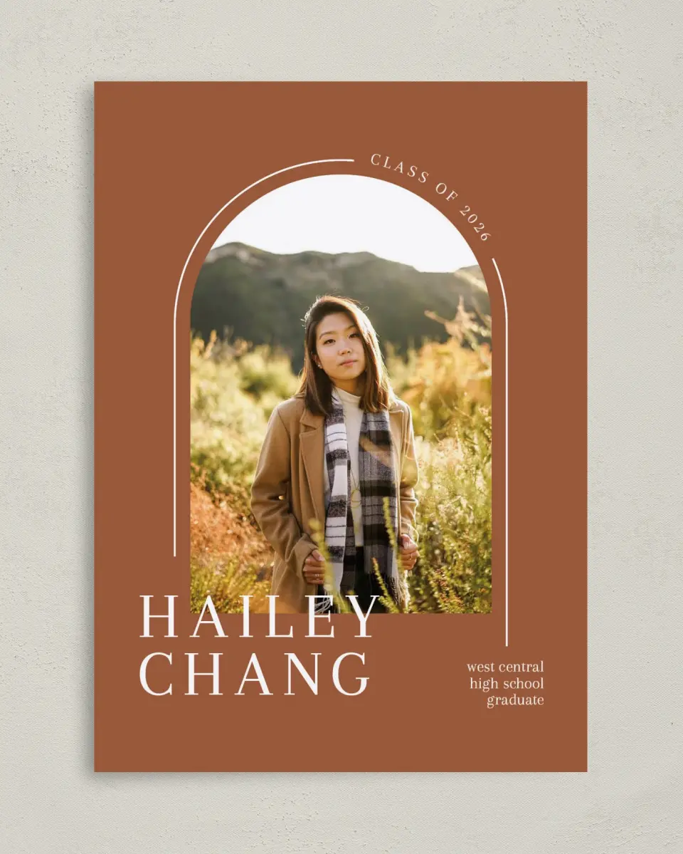 This is a 5" x 7" Graduation Announcement Card called Arched Grad printed in full color on Premium Smooth paper