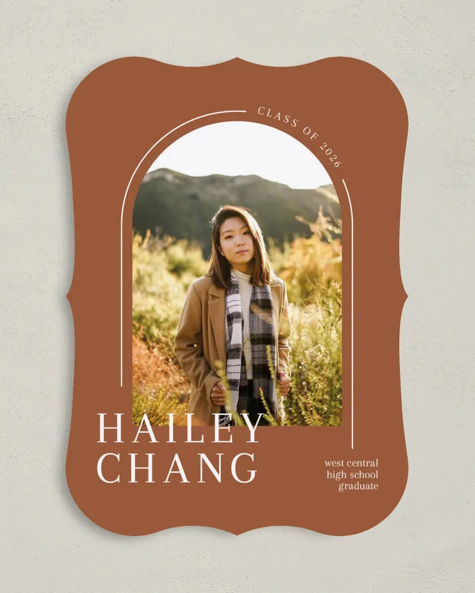 This is a 5" x 7" Graduation Announcement Card called Arched Grad printed in full color on Premium Smooth paper