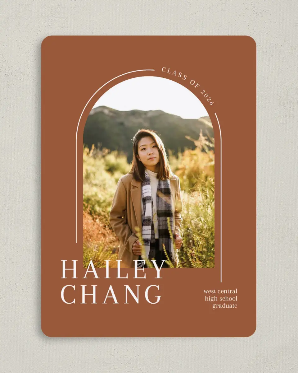 This is a 5" x 7" Graduation Announcement Card called Arched Grad printed in full color on Premium Smooth paper