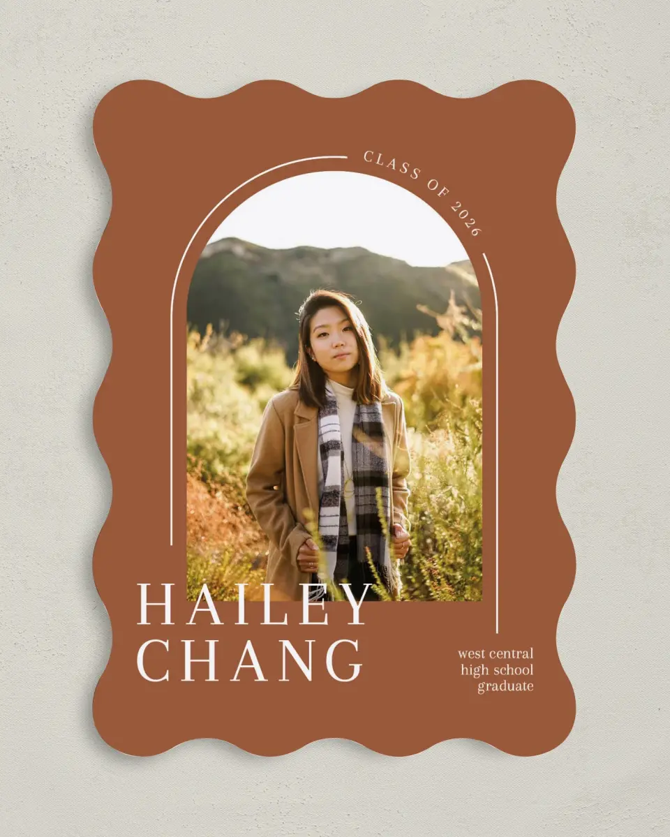This is a 5" x 7" Graduation Announcement Card called Arched Grad printed in full color on Premium Smooth paper