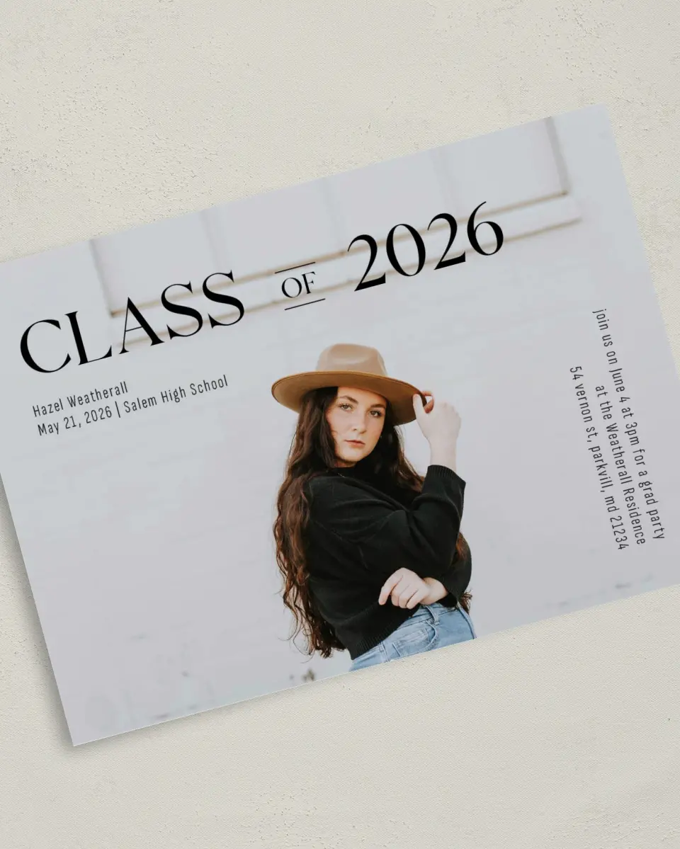 This is a 5" x 7" Graduation Announcement Card called Class Of printed in full color on Premium Smooth paper