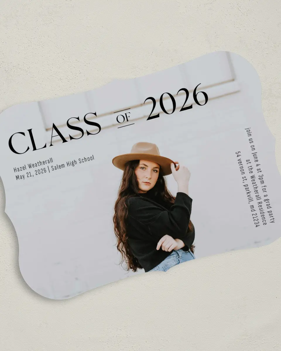 This is a 5" x 7" Graduation Announcement Card called Class Of printed in full color on Premium Smooth paper