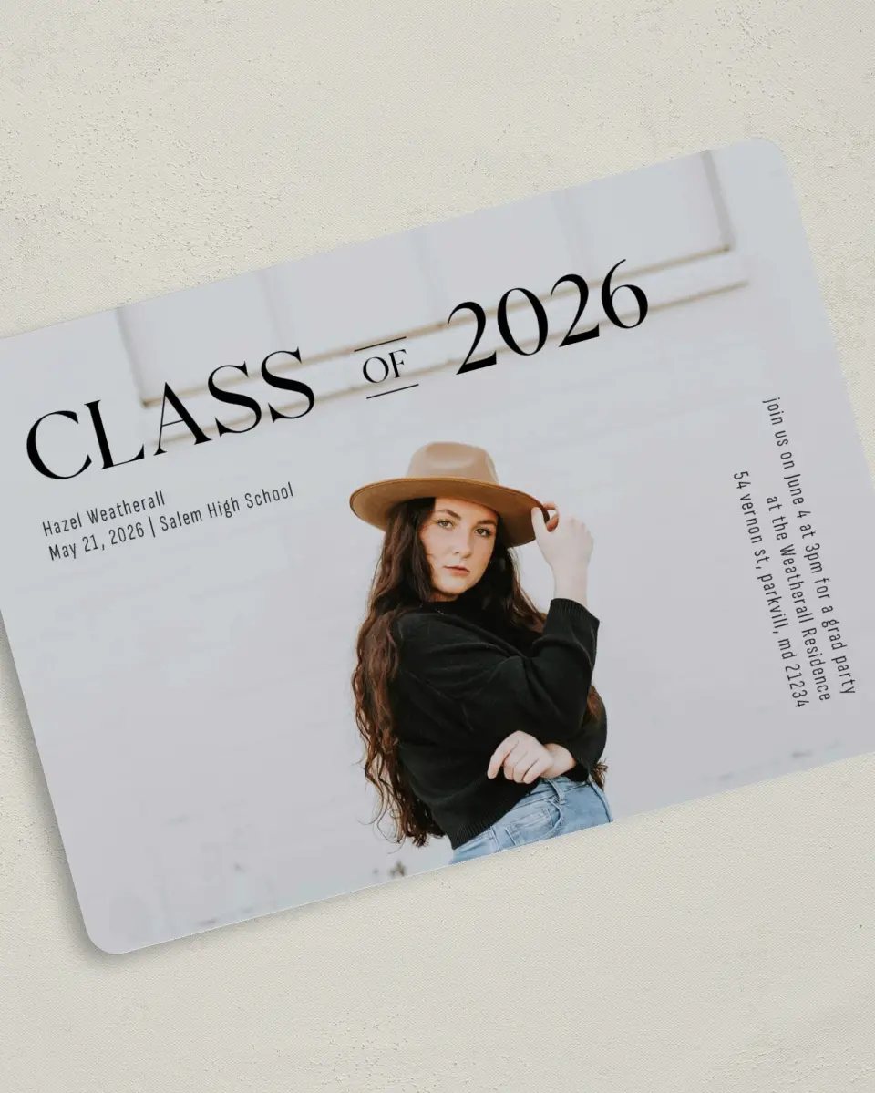 This is a 5" x 7" Graduation Announcement Card called Class Of printed in full color on Premium Smooth paper