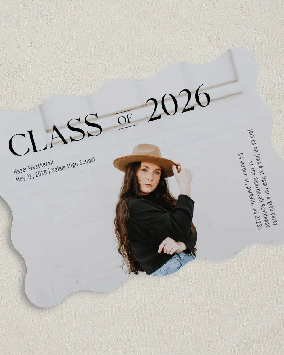 This is a 5" x 7" Graduation Announcement Card called Class Of printed in full color on Premium Smooth paper