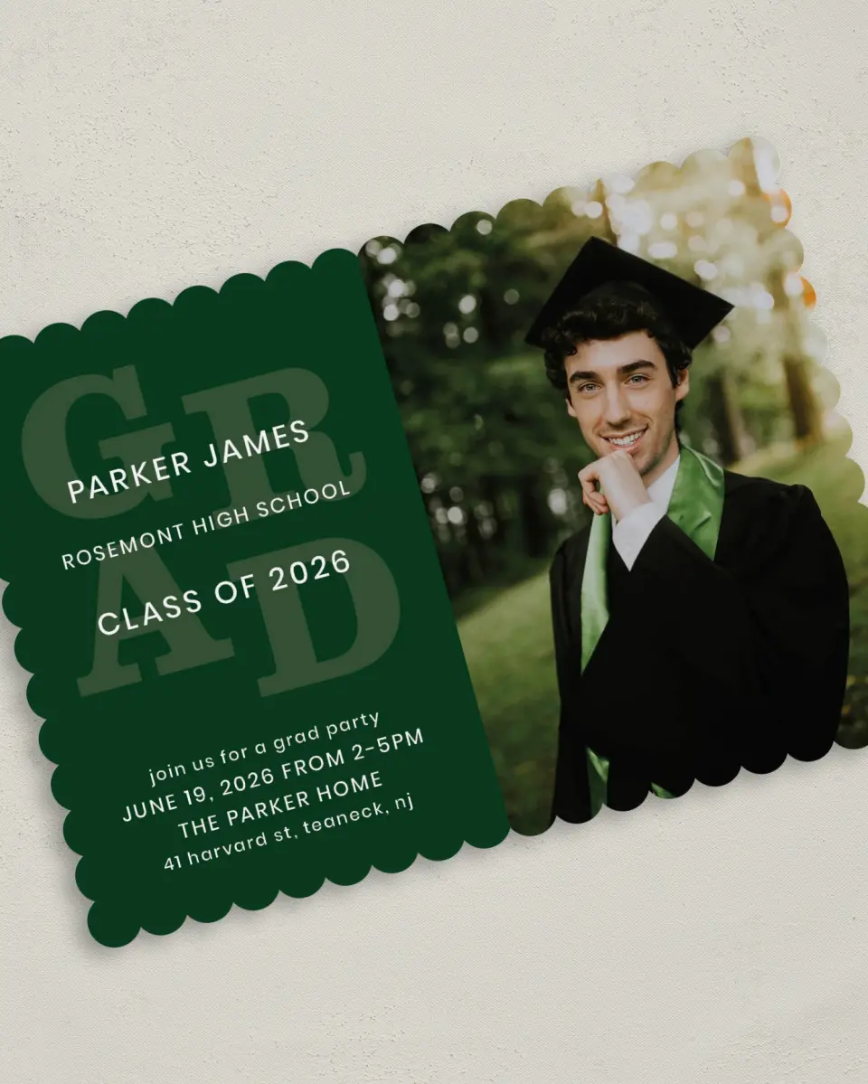 This is a 5" x 7" Graduation Announcement Card called Layered Grad printed in full color on Premium Smooth paper