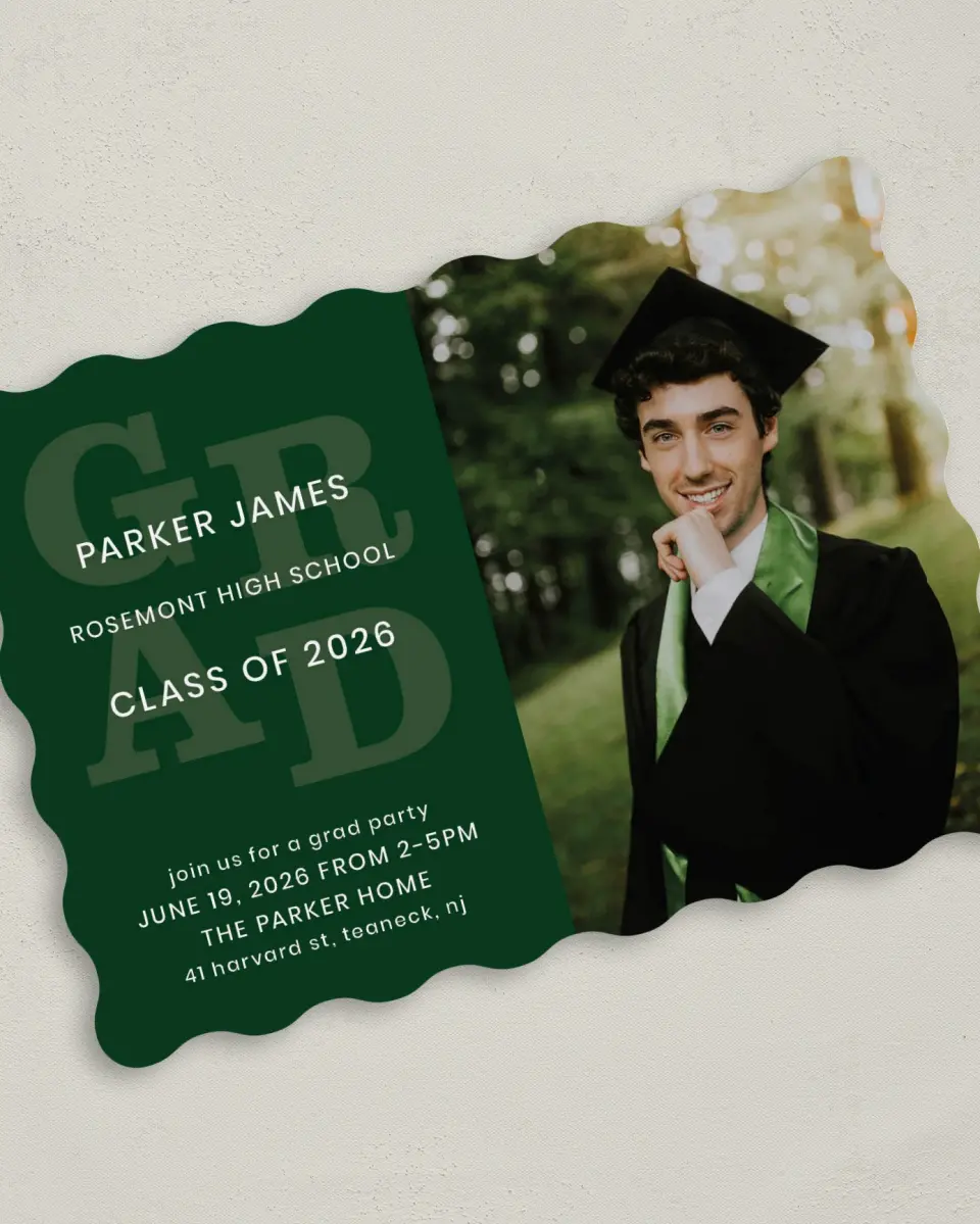 This is a 5" x 7" Graduation Announcement Card called Layered Grad printed in full color on Premium Smooth paper