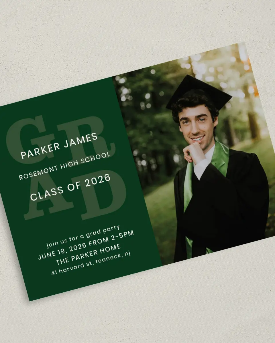 This is a 5" x 7" Graduation Announcement Card called Layered Grad printed in full color on Premium Smooth paper