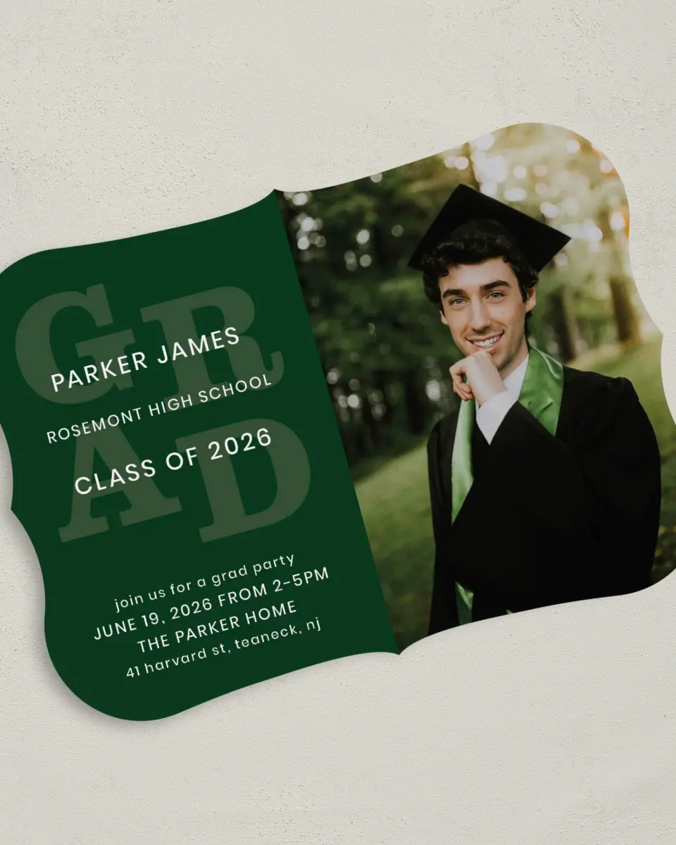 This is a 5" x 7" Graduation Announcement Card called Layered Grad printed in full color on Premium Smooth paper