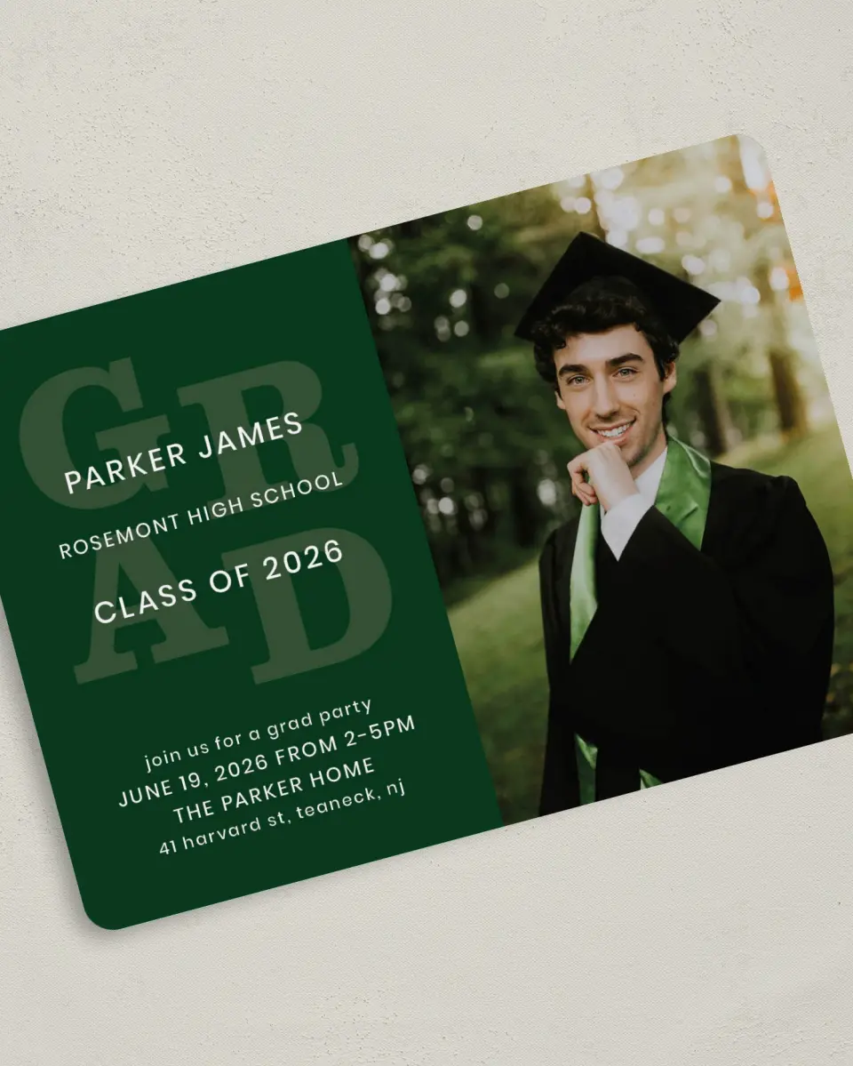 This is a 5" x 7" Graduation Announcement Card called Layered Grad printed in full color on Premium Smooth paper
